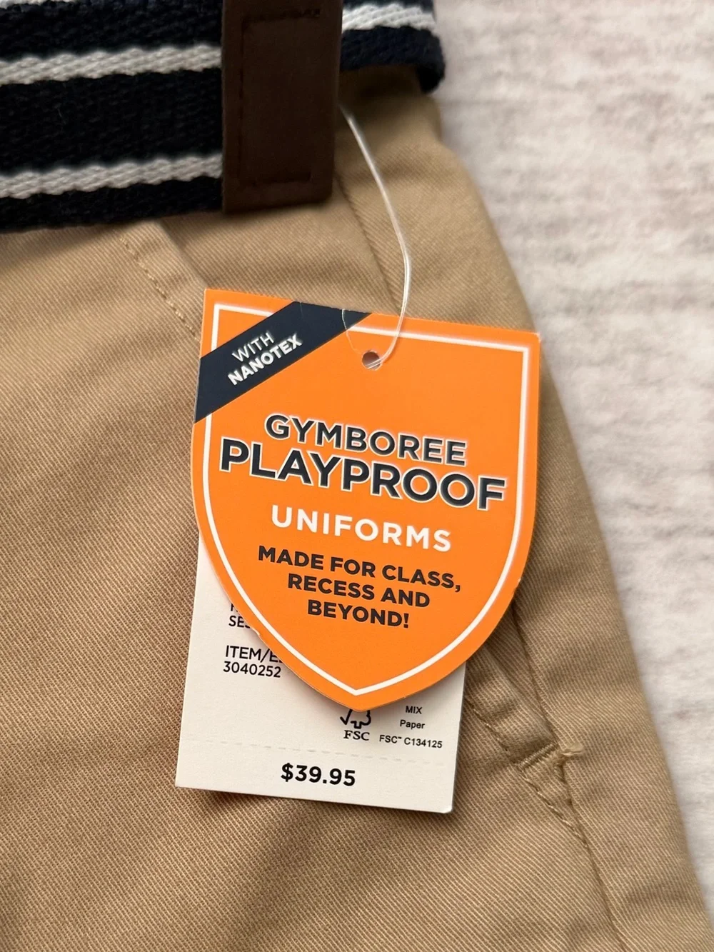 Gymboree Tan Chino Pants with Navy & White Stripe Belt